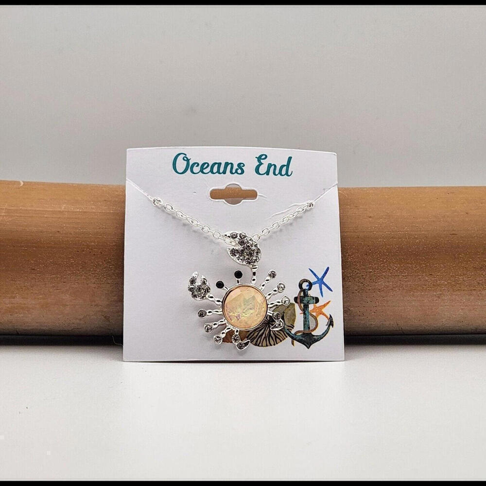 Iridescent Crab Rhinestone Necklace Silver Adjustable 18-21 Inch Nautical